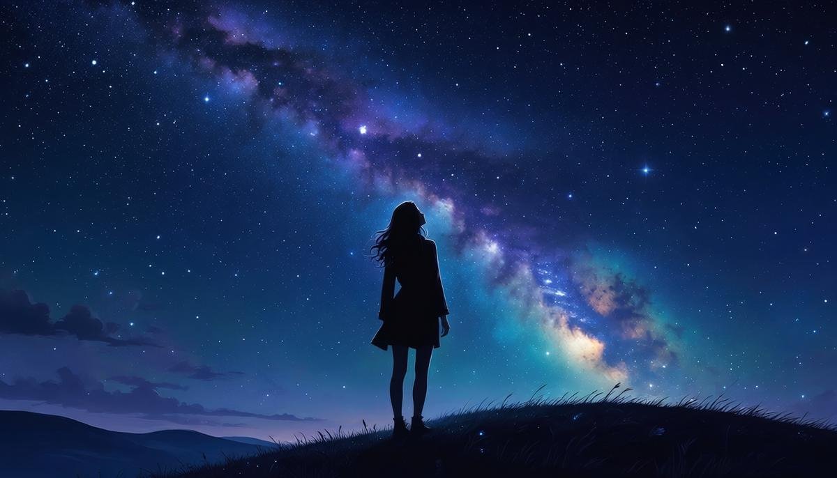 A lone figure gazing up at the Milky Way, capturing humanity's long journey of understanding the universe
