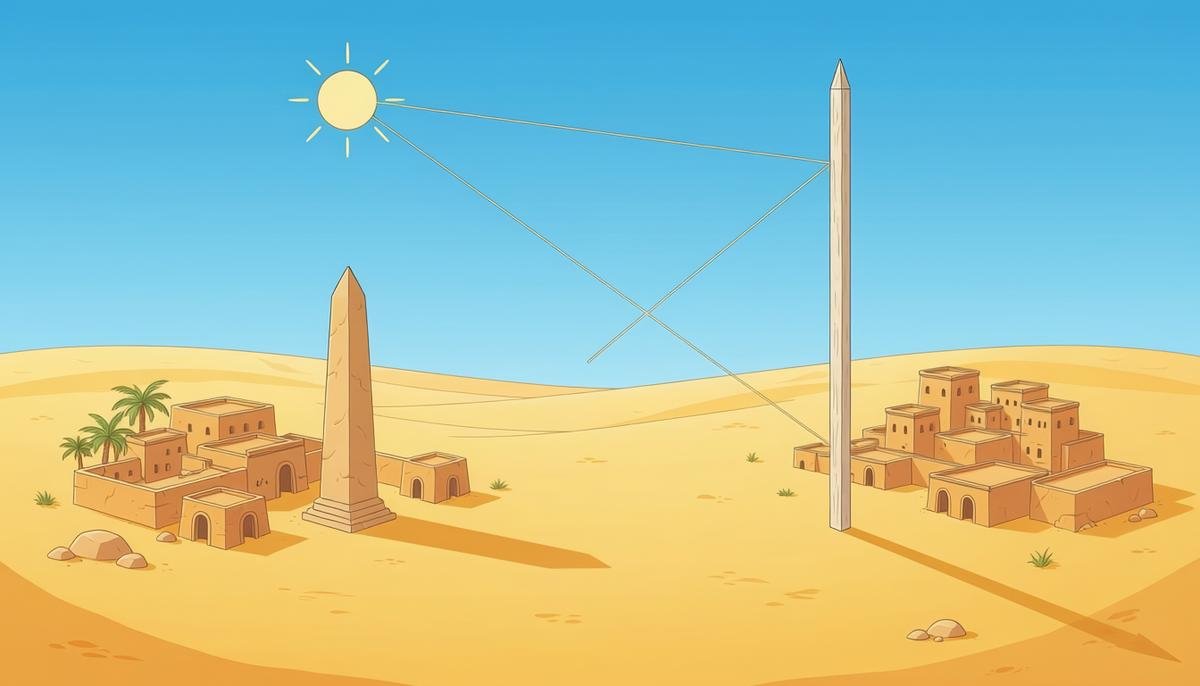 An obelisk and a pole casting shadows of different lengths in two distant cities to measure the size of the Earth