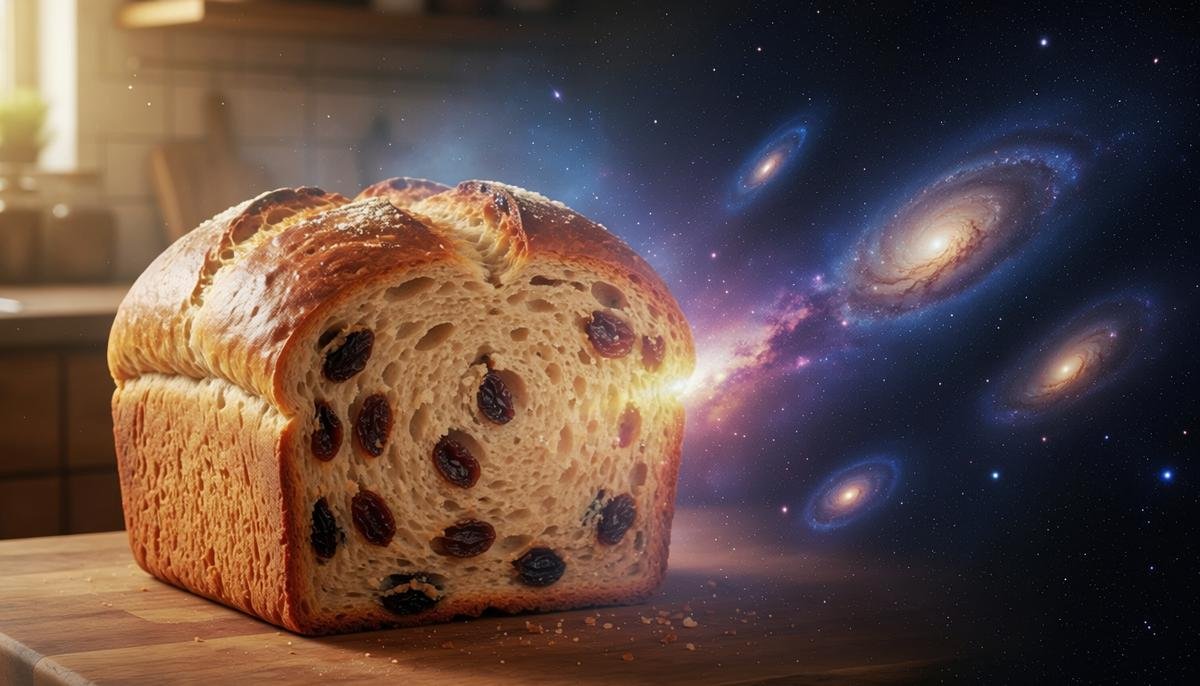Rising raisin bread with raisins spreading apart, blending into receding galaxies, an analogy for the expanding universe