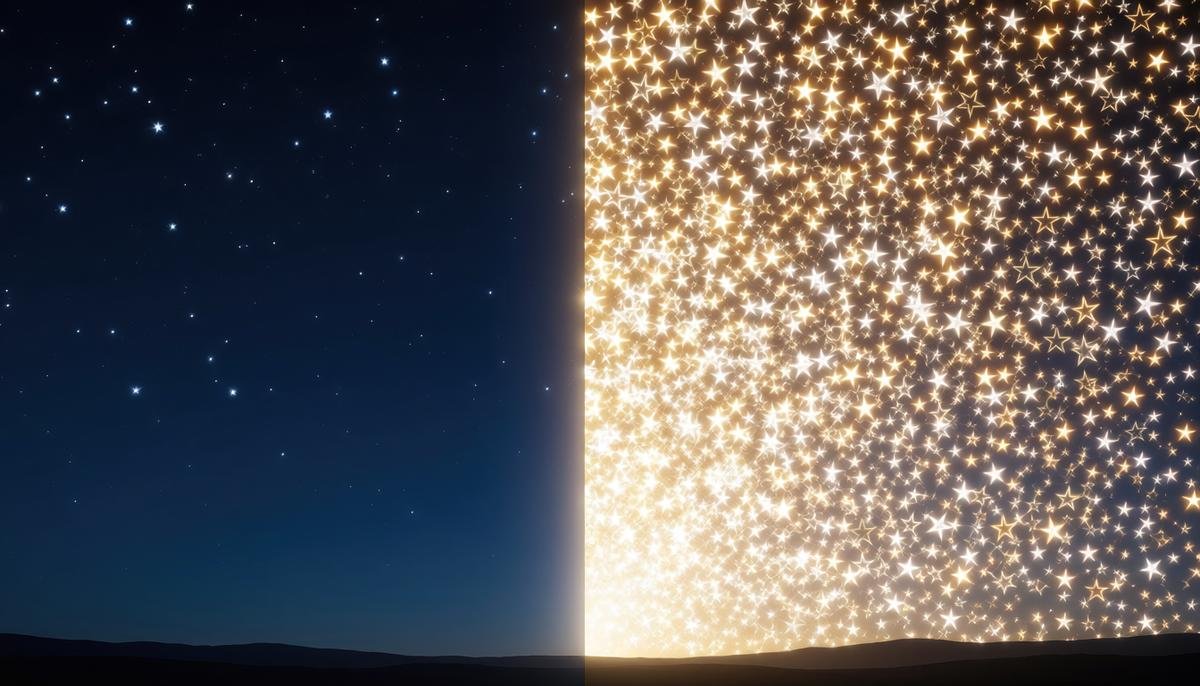 A split night sky, a dark starry night beside an impossibly bright sky packed with overlapping stars, illustrating Olbers' paradox